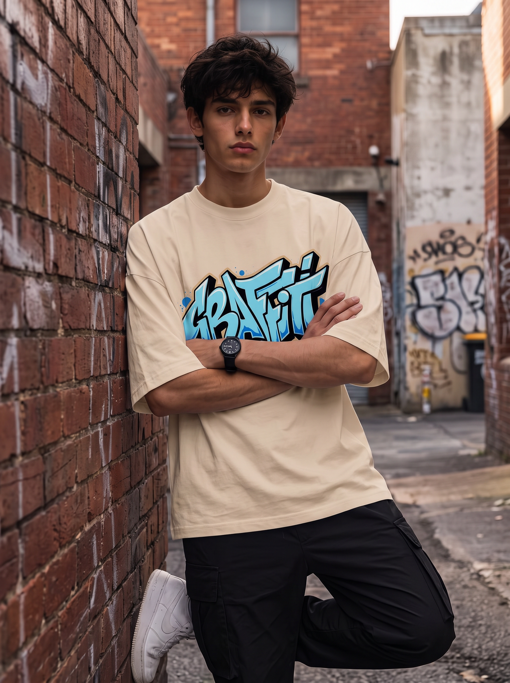 Cream Streetwear Printed Oversized T-shirt