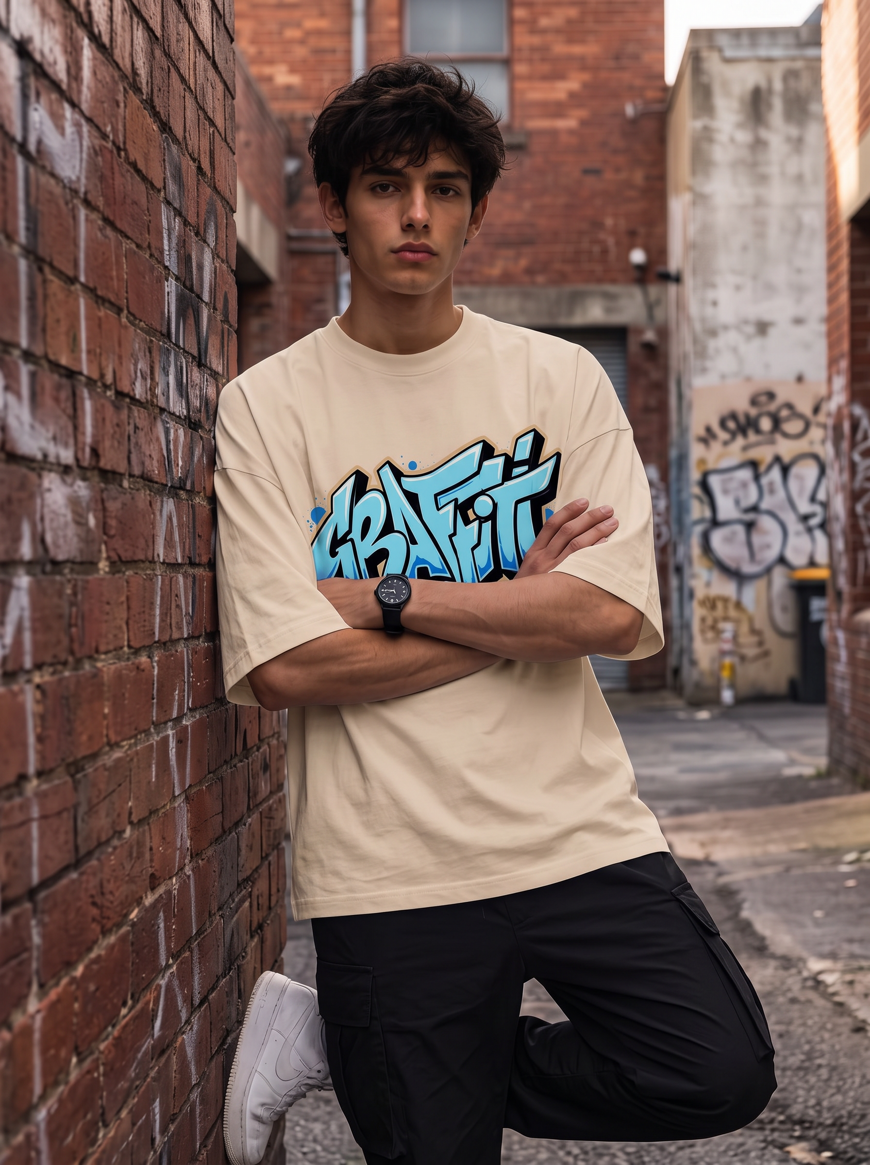 Cream Streetwear Printed Oversized T-shirt