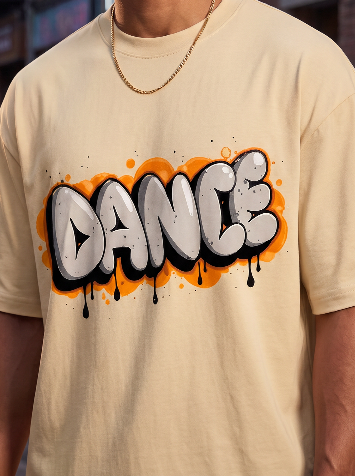 Cream Streetwear Printed Oversized T-shirt