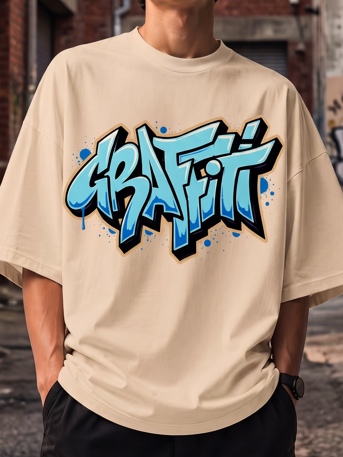 Cream Streetwear Printed Oversized T-shirt