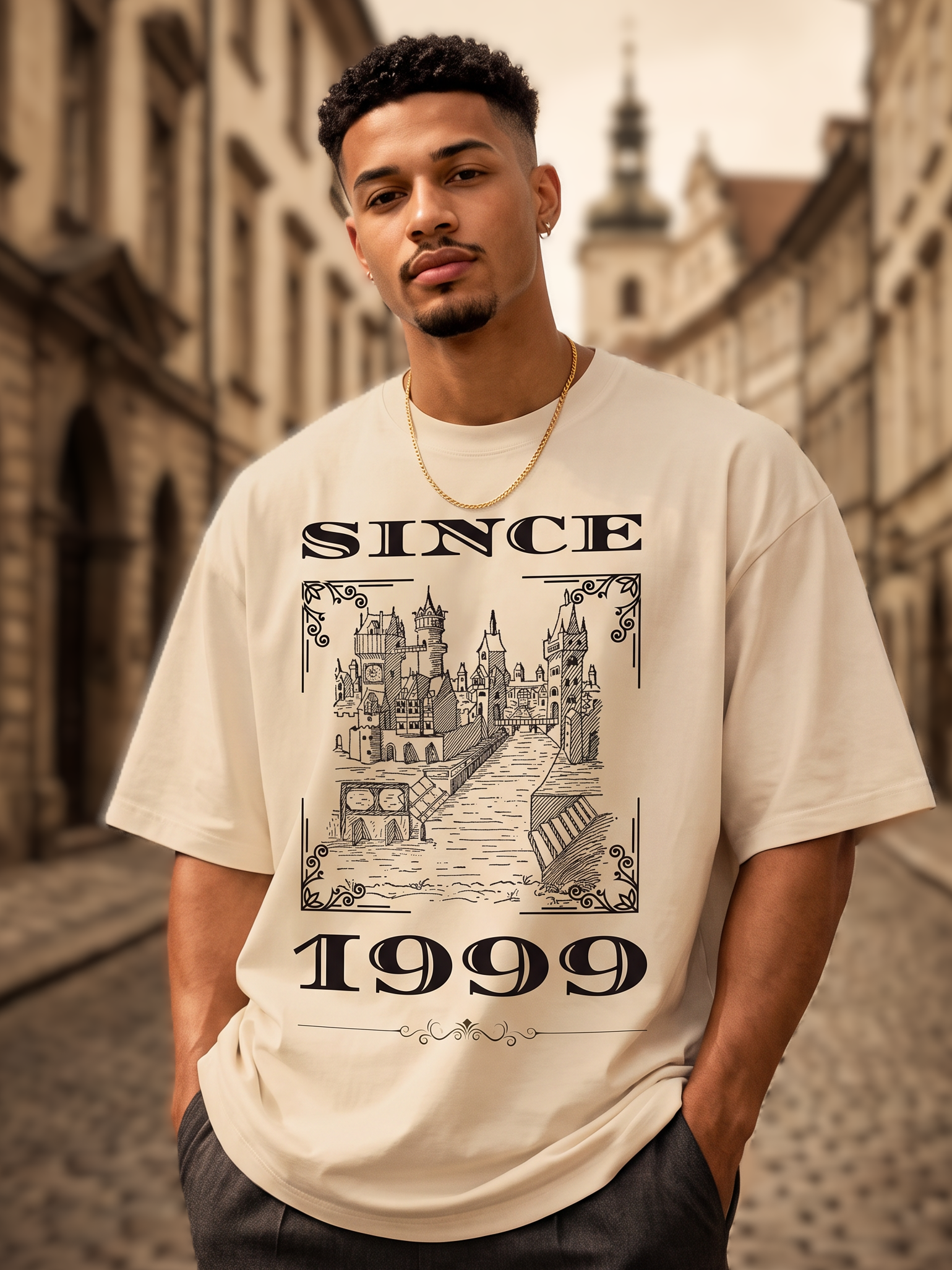 Cream Vintage Printed Oversized T-shirt
