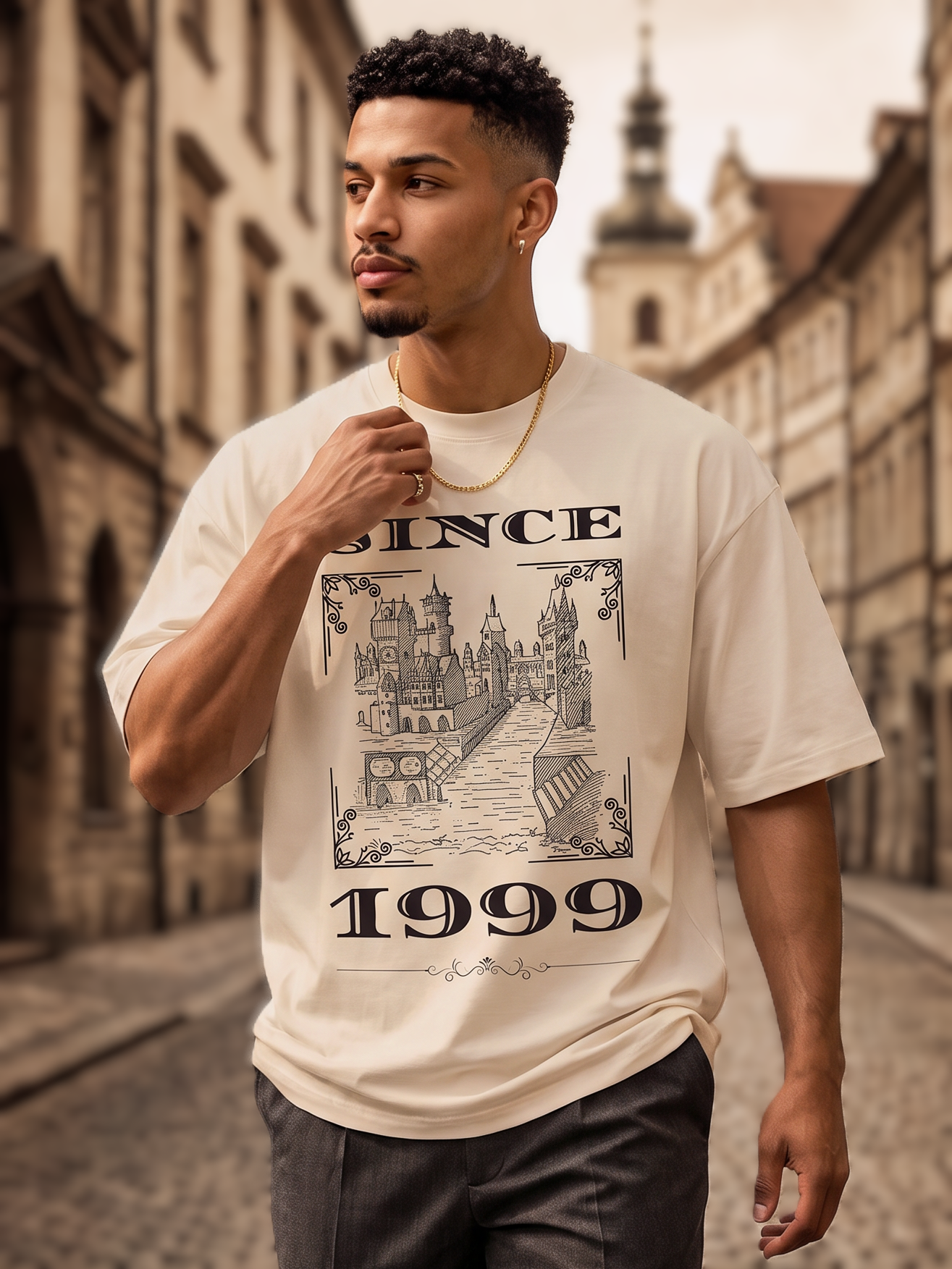 Cream Vintage Printed Oversized T-shirt