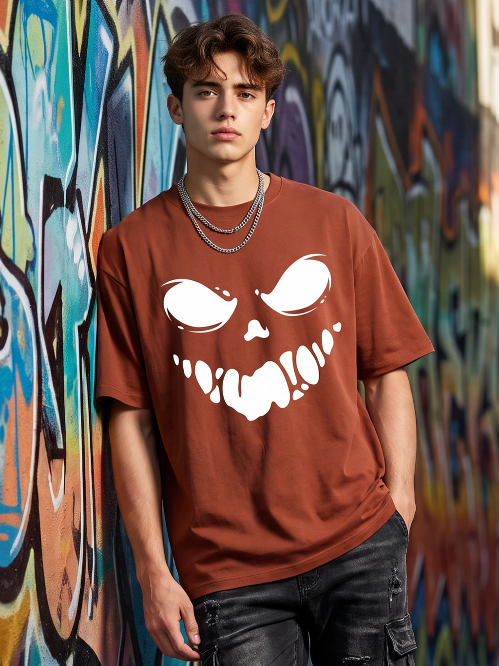 Rust Brown Streetwear Printed Oversized