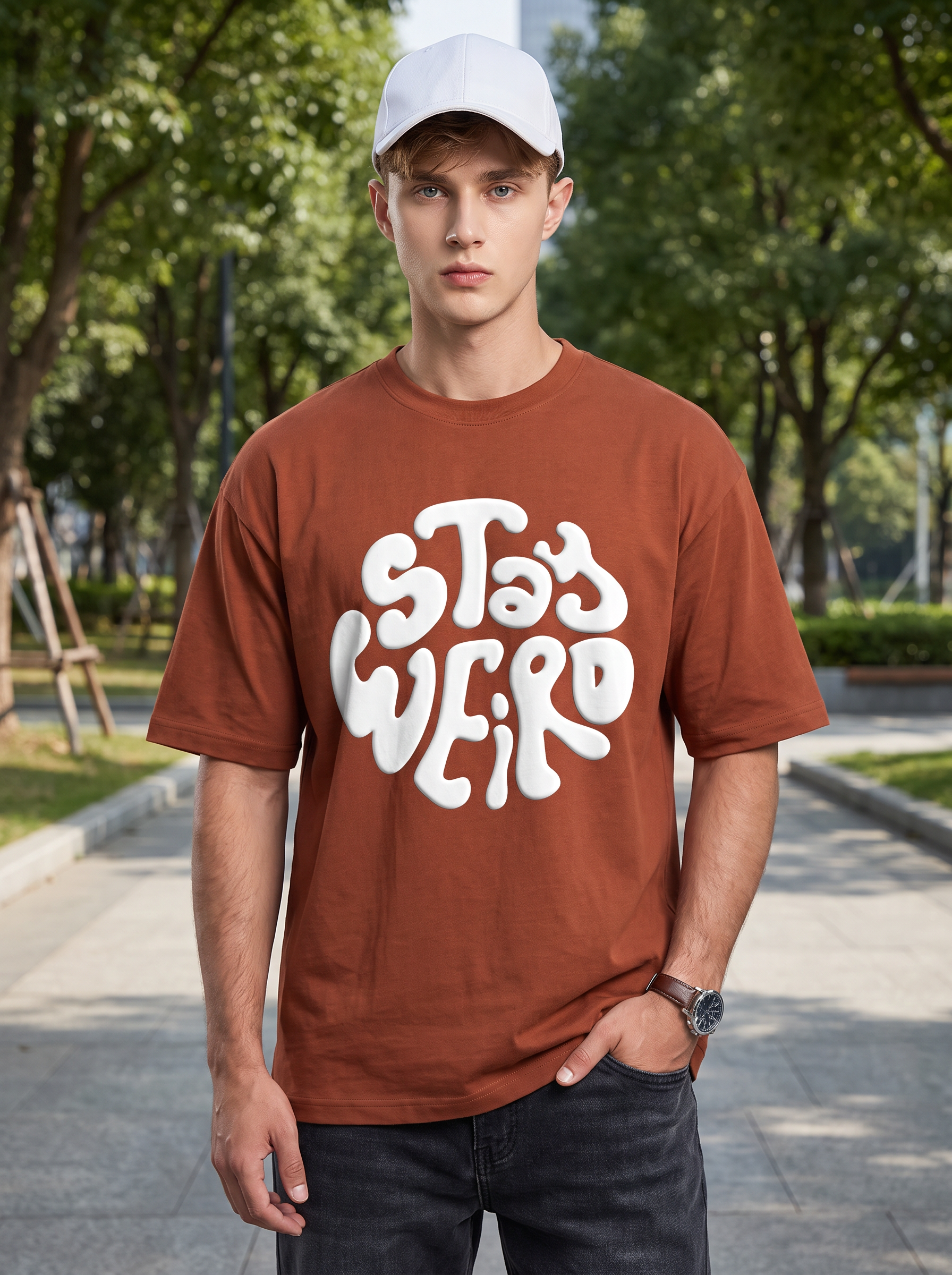 Rust Brown Puff Printed Oversized T-shirt