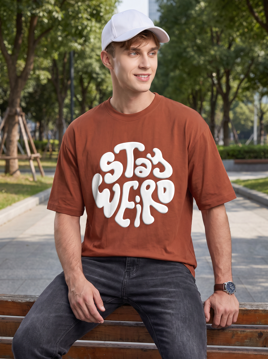 Rust Brown Puff Printed Oversized T-shirt
