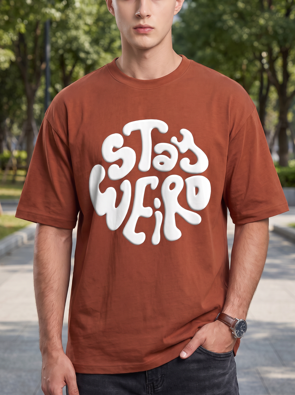 Rust Brown Puff Printed Oversized T-shirt