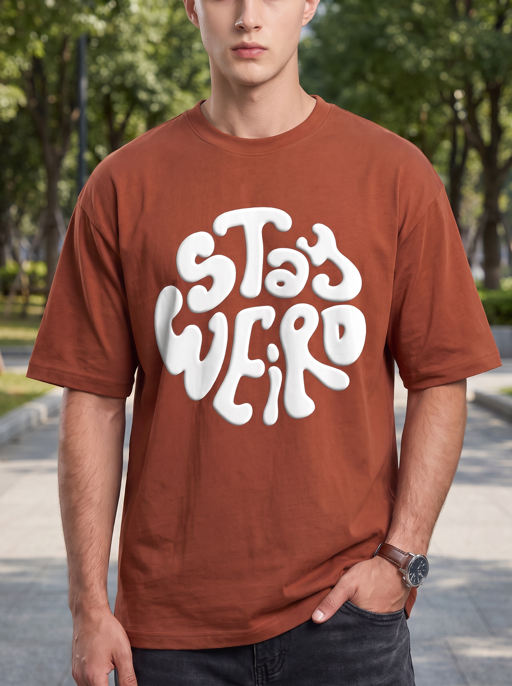 Rust Brown Puff Printed Oversized T-shirt
