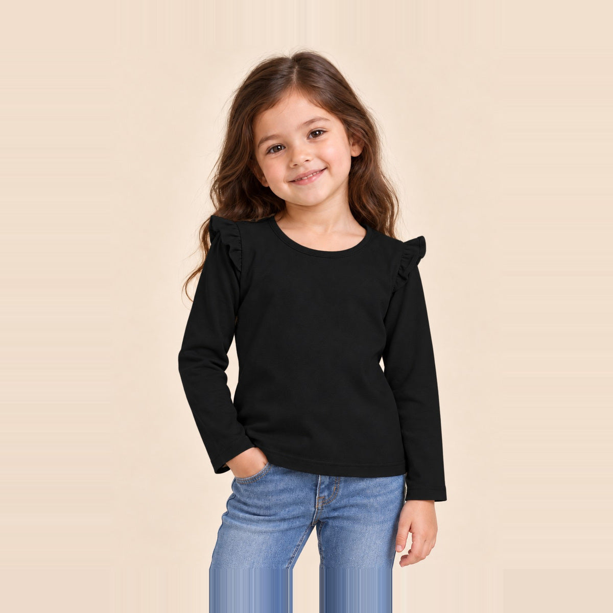 Laa & Dee Pearl plain ruffle shoulder girls top in Black - square collection image with full head visible #colour:black