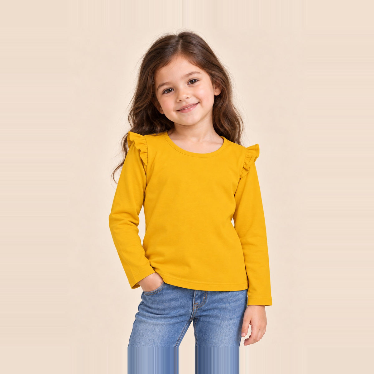 Laa & Dee Pearl plain ruffle shoulder girls top in Mustard Yellow - square collection image with full head visible #colour:mustard-yellow