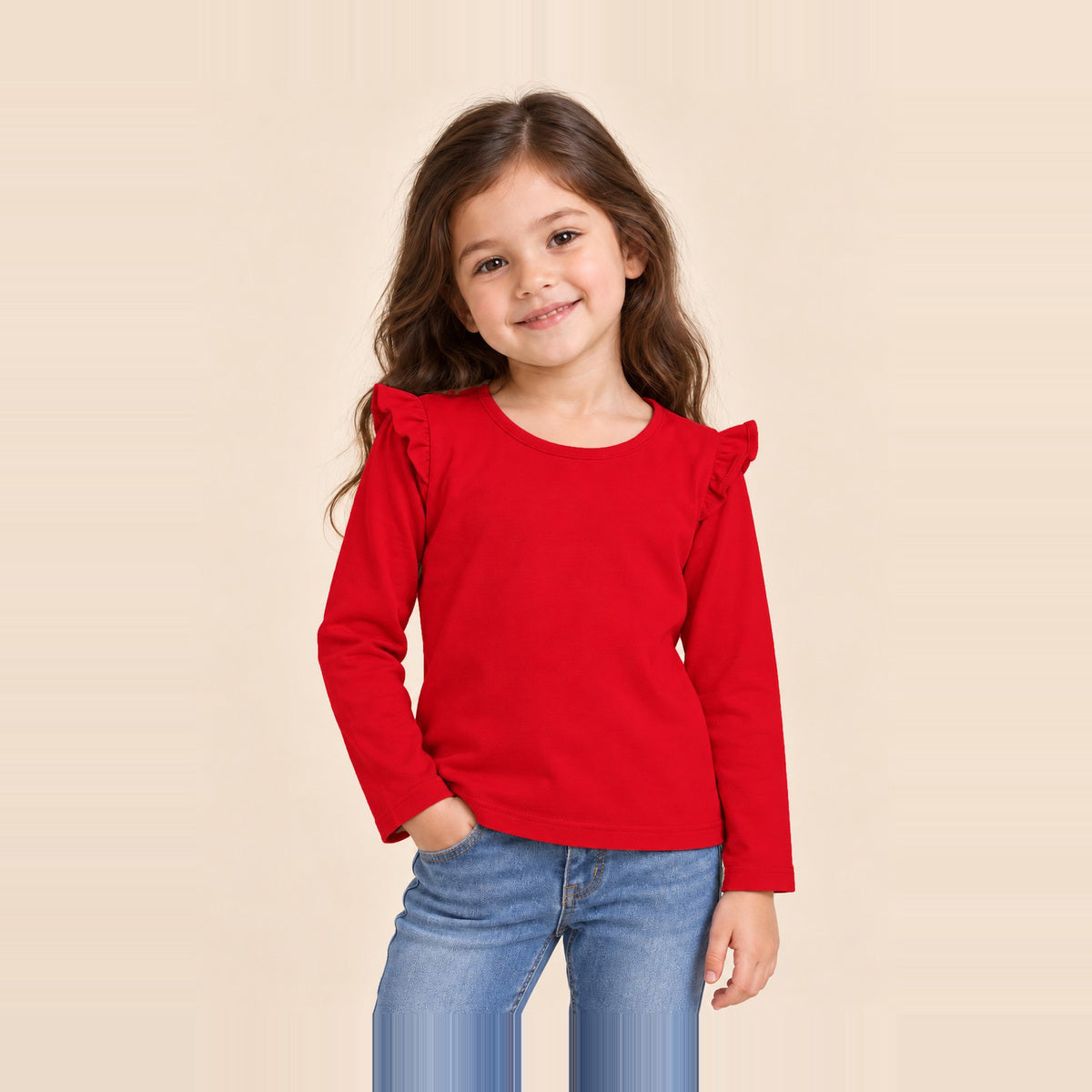 Laa & Dee Pearl plain ruffle shoulder girls top in Red - square collection image with full head visible #colour:red