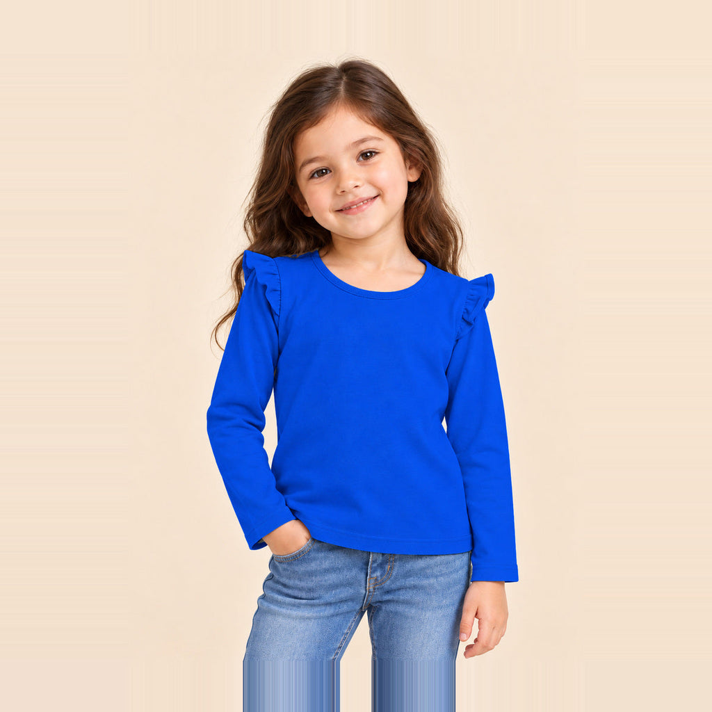 Laa & Dee Pearl plain ruffle shoulder girls top in Royal Blue - square collection image with full head visible #colour:royal-blue