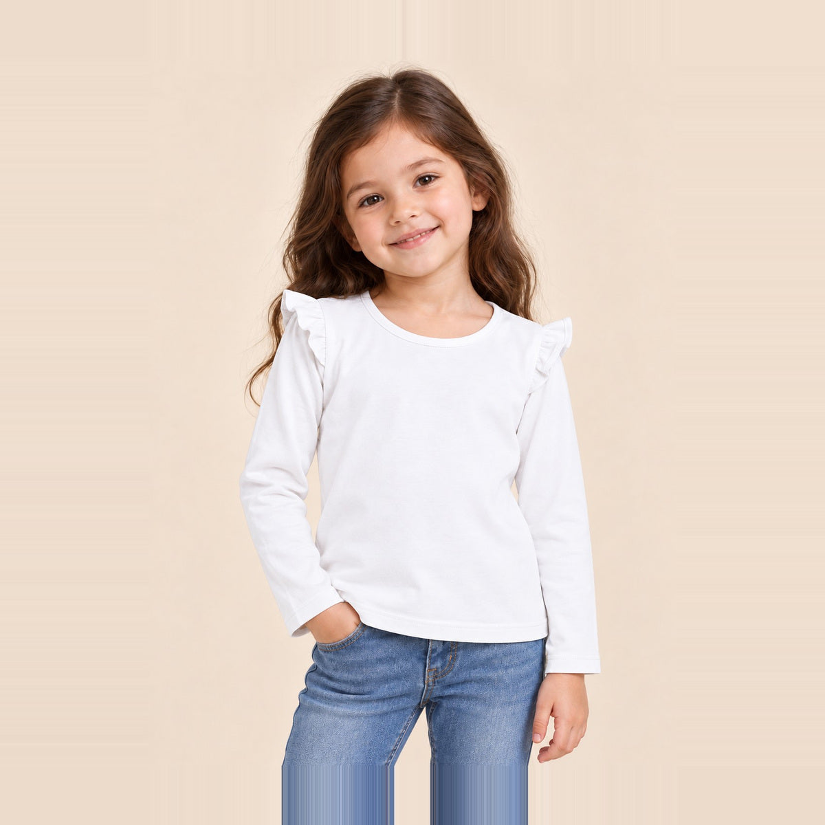 Laa & Dee Pearl plain ruffle shoulder girls top in White - square collection image with full head visible #colour:white