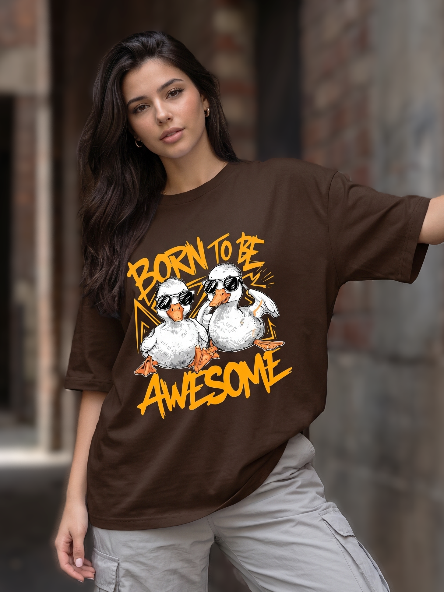 Brown Streetwear Printed Oversized T-shirt