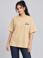 Beige Panda Mini Print Oversized T-Shirt — model front view