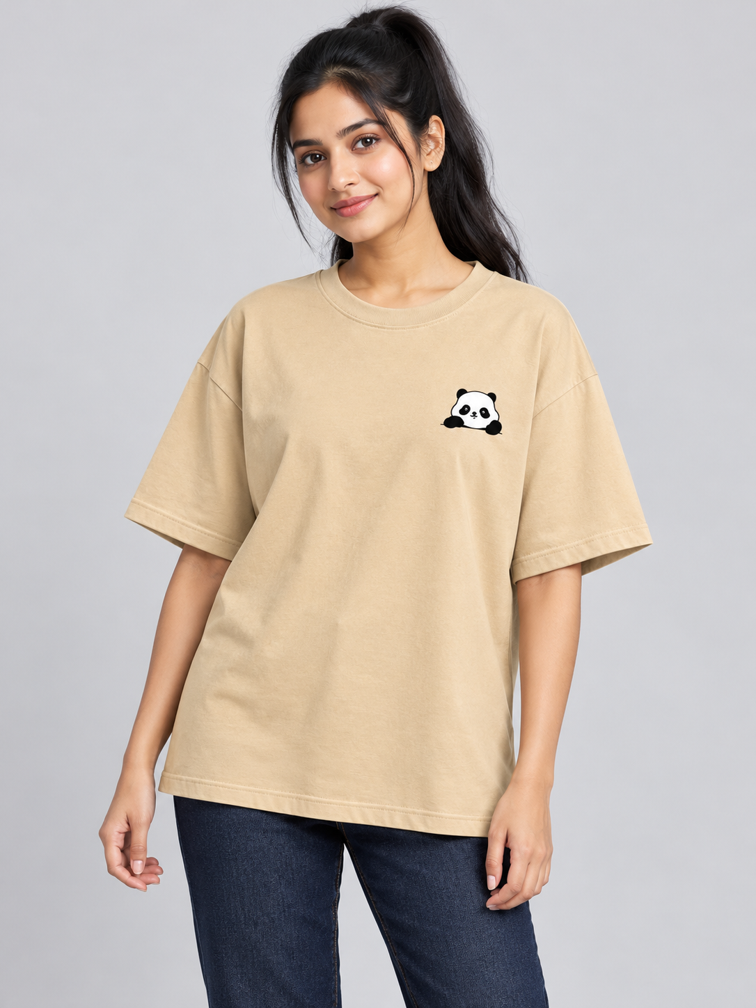 Beige Panda Mini Print Oversized T-Shirt — model front view