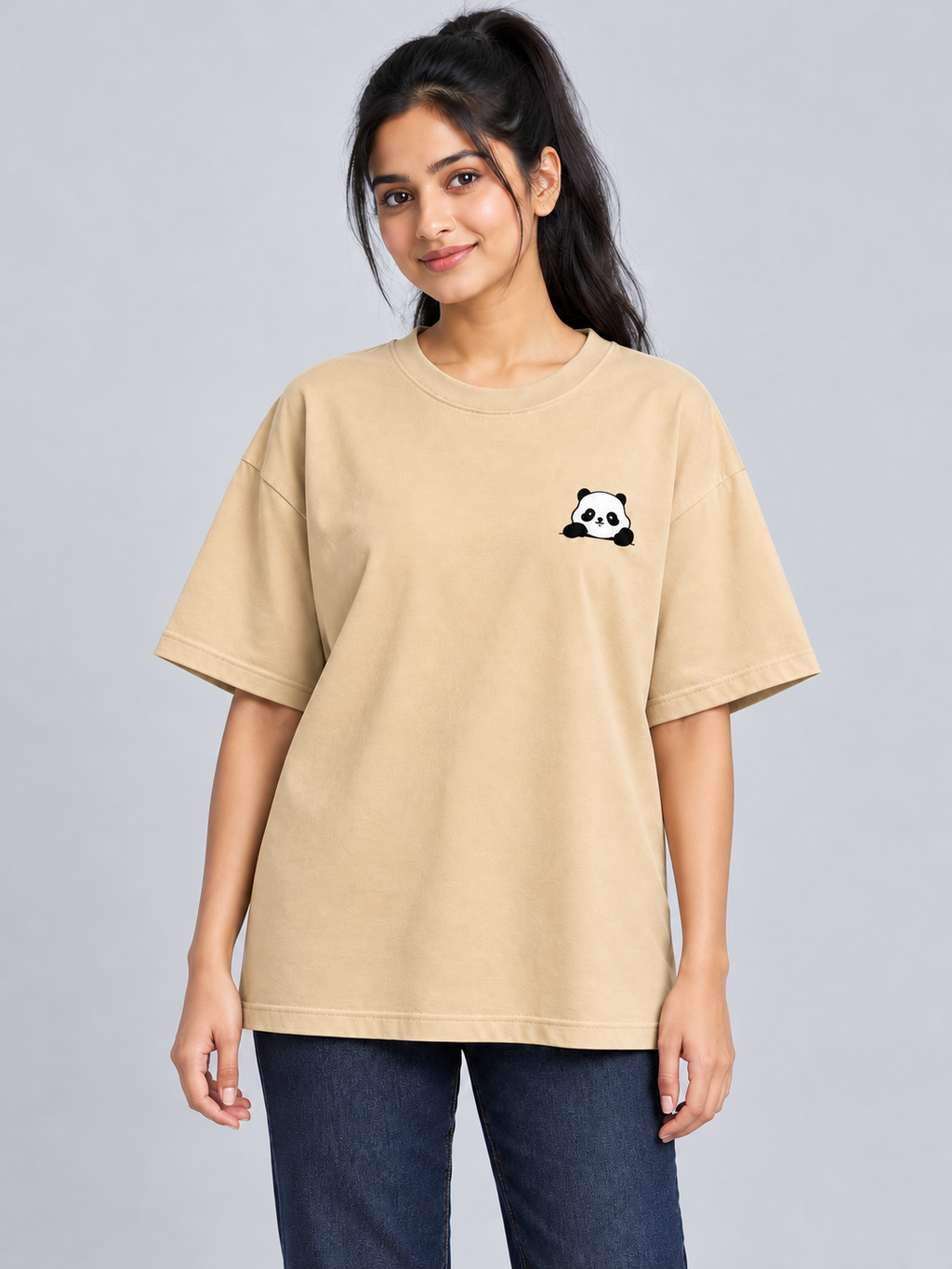 Beige Panda Mini Print Oversized T-Shirt — straight front view