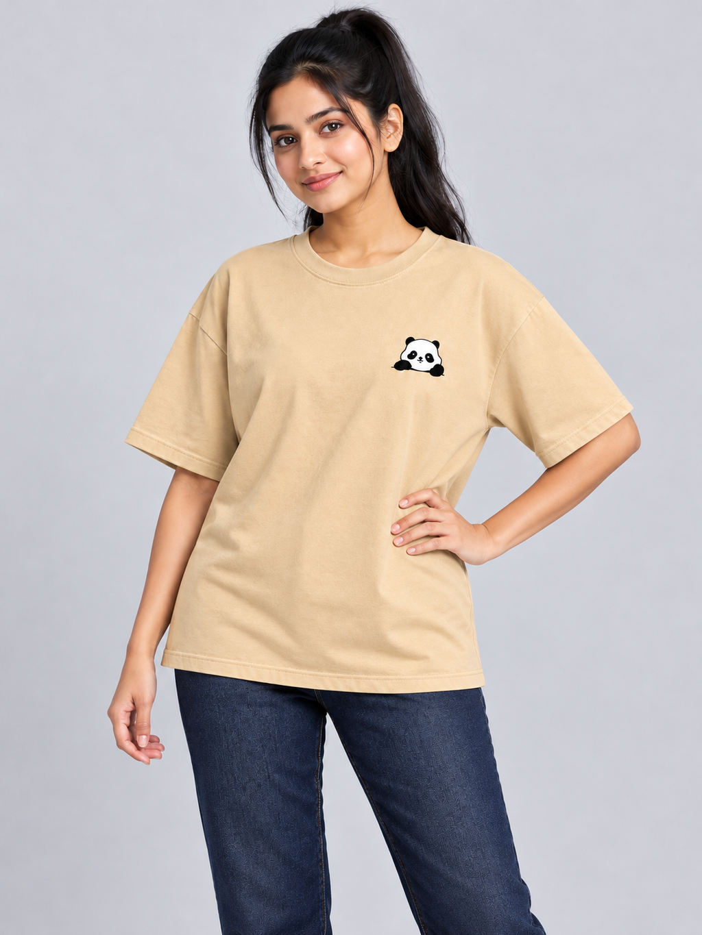 Beige Panda Mini Print Oversized T-Shirt — relaxed model pose