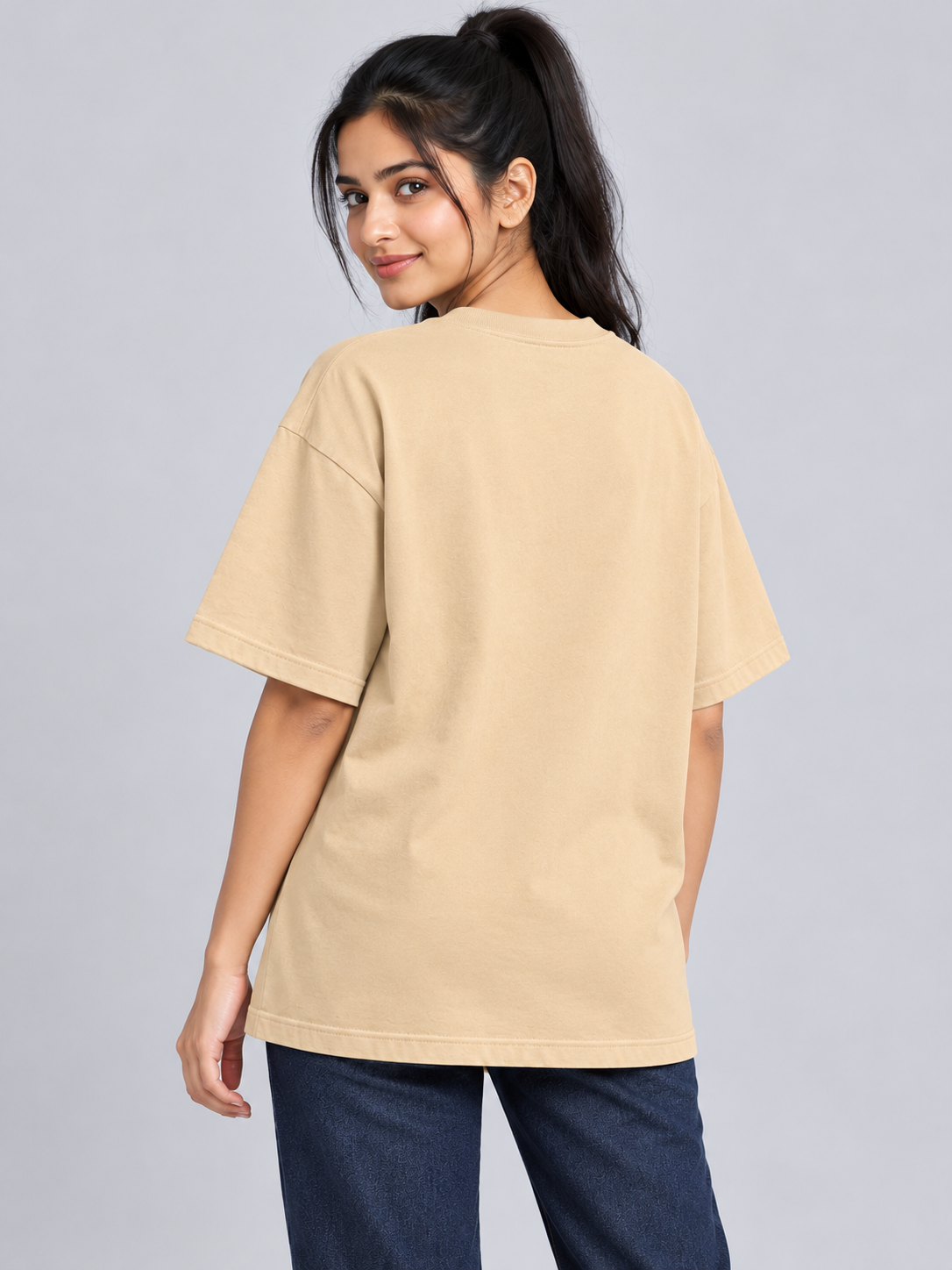 Beige Panda Mini Print Oversized T-Shirt — back view