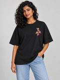 Black Botanical Floral Mini Print Oversized T-Shirt — model front view