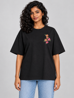 Black Botanical Floral Mini Print Oversized T-Shirt — straight front view
