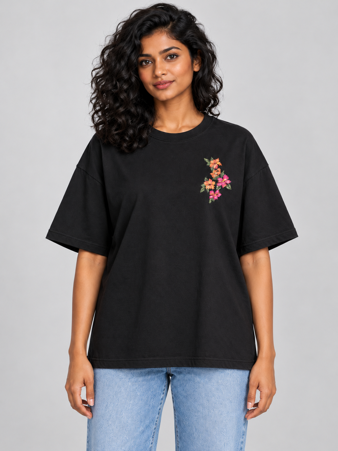 Black Botanical Floral Mini Print Oversized T-Shirt — straight front view