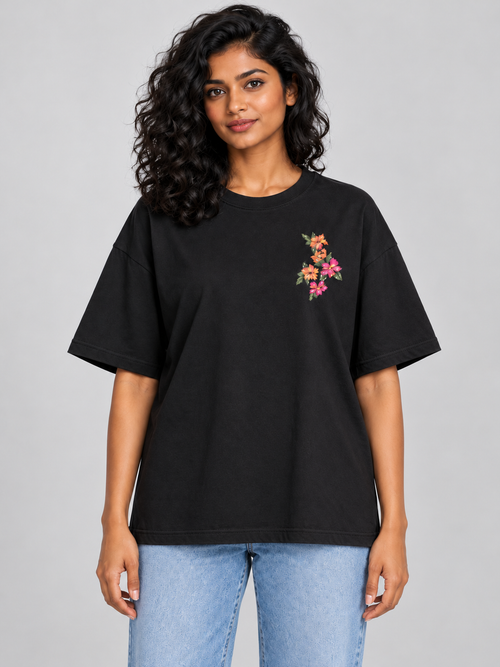 Black Botanical Floral Mini Print Oversized T-Shirt — straight front view