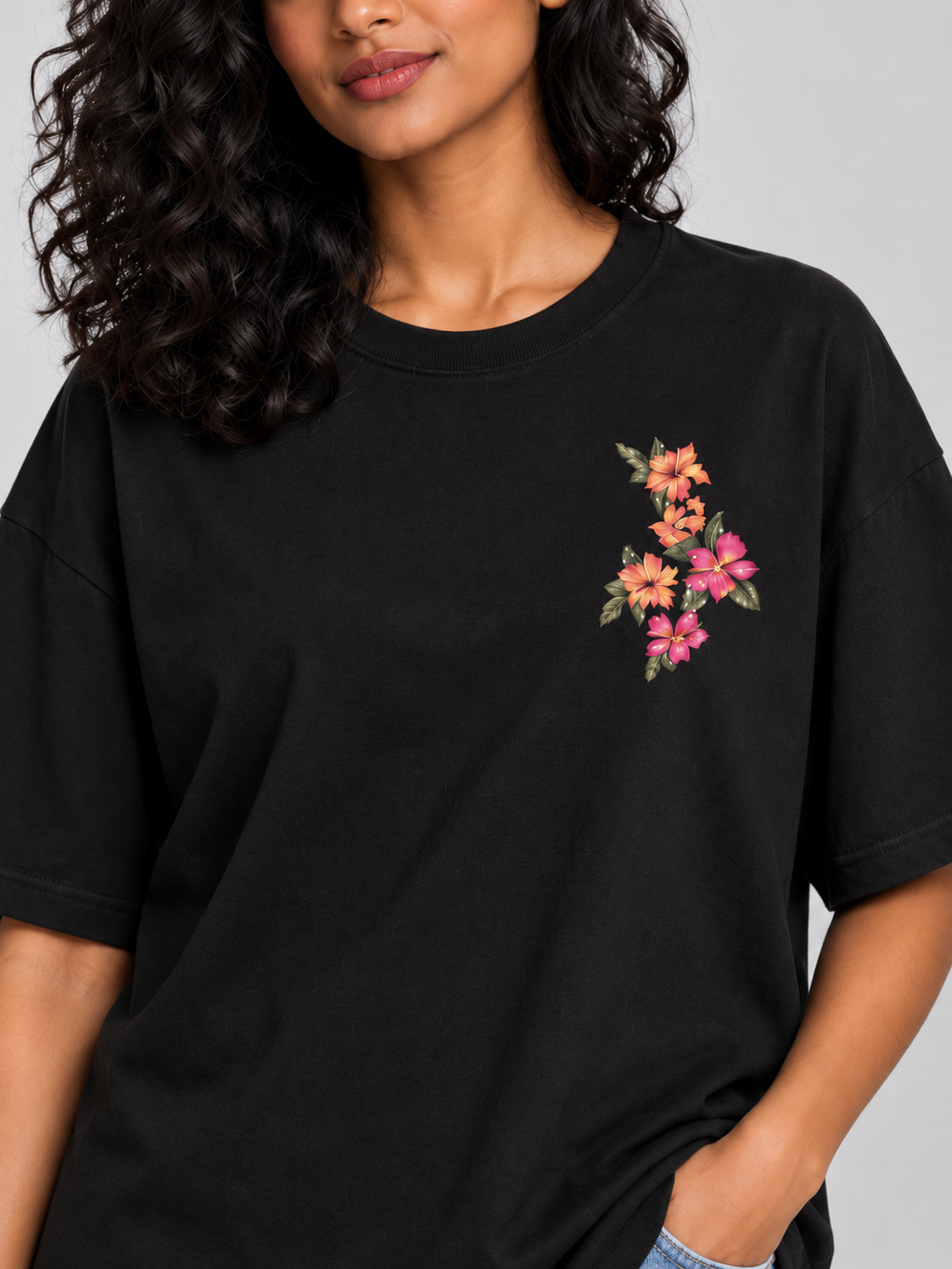 Black Botanical Floral Mini Print Oversized T-Shirt — print detail