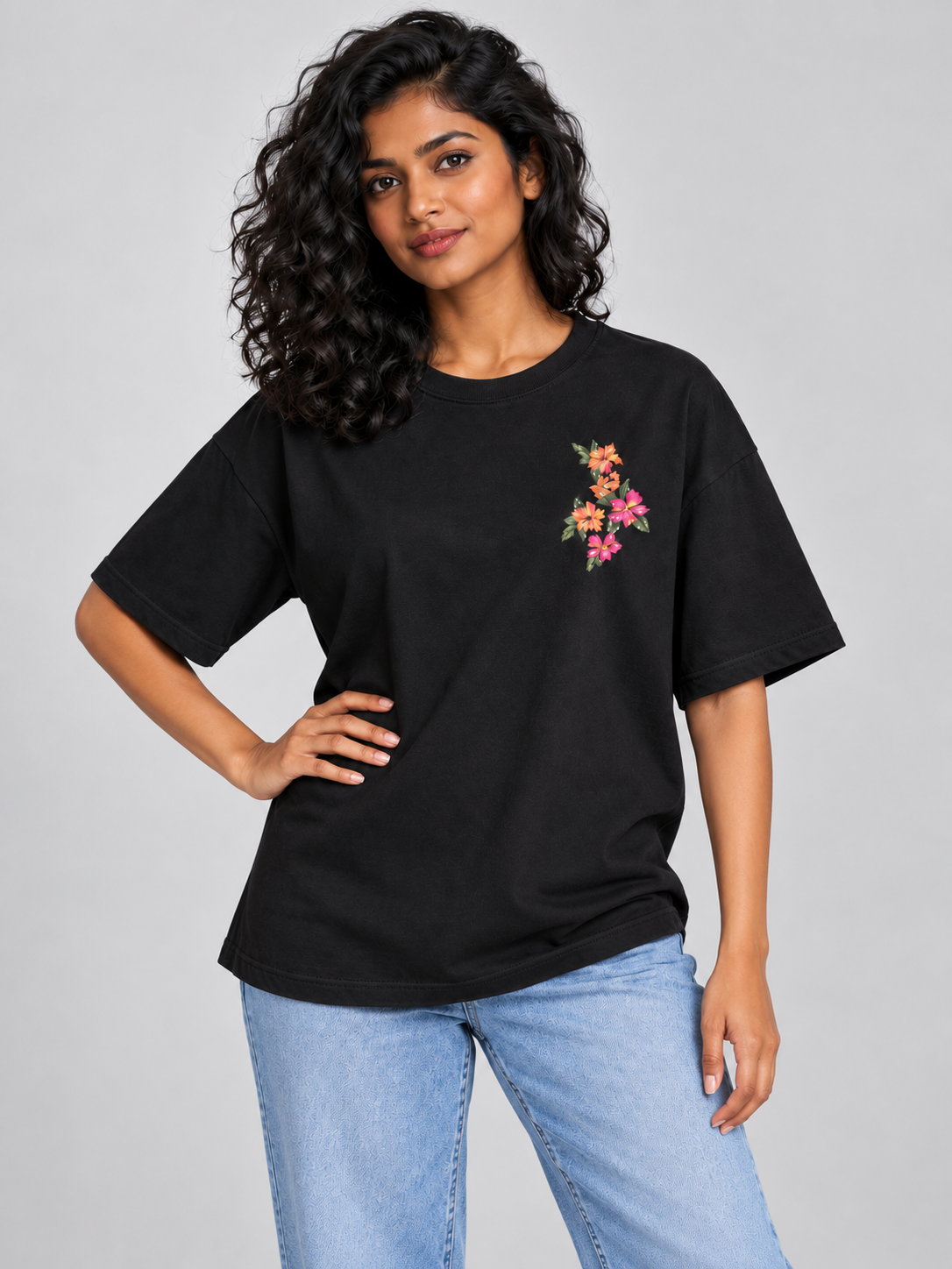 Black Botanical Floral Mini Print Oversized T-Shirt — relaxed model pose