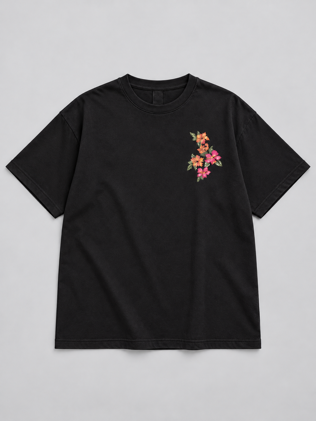Black Botanical Floral Mini Print Oversized T-Shirt — front flat lay