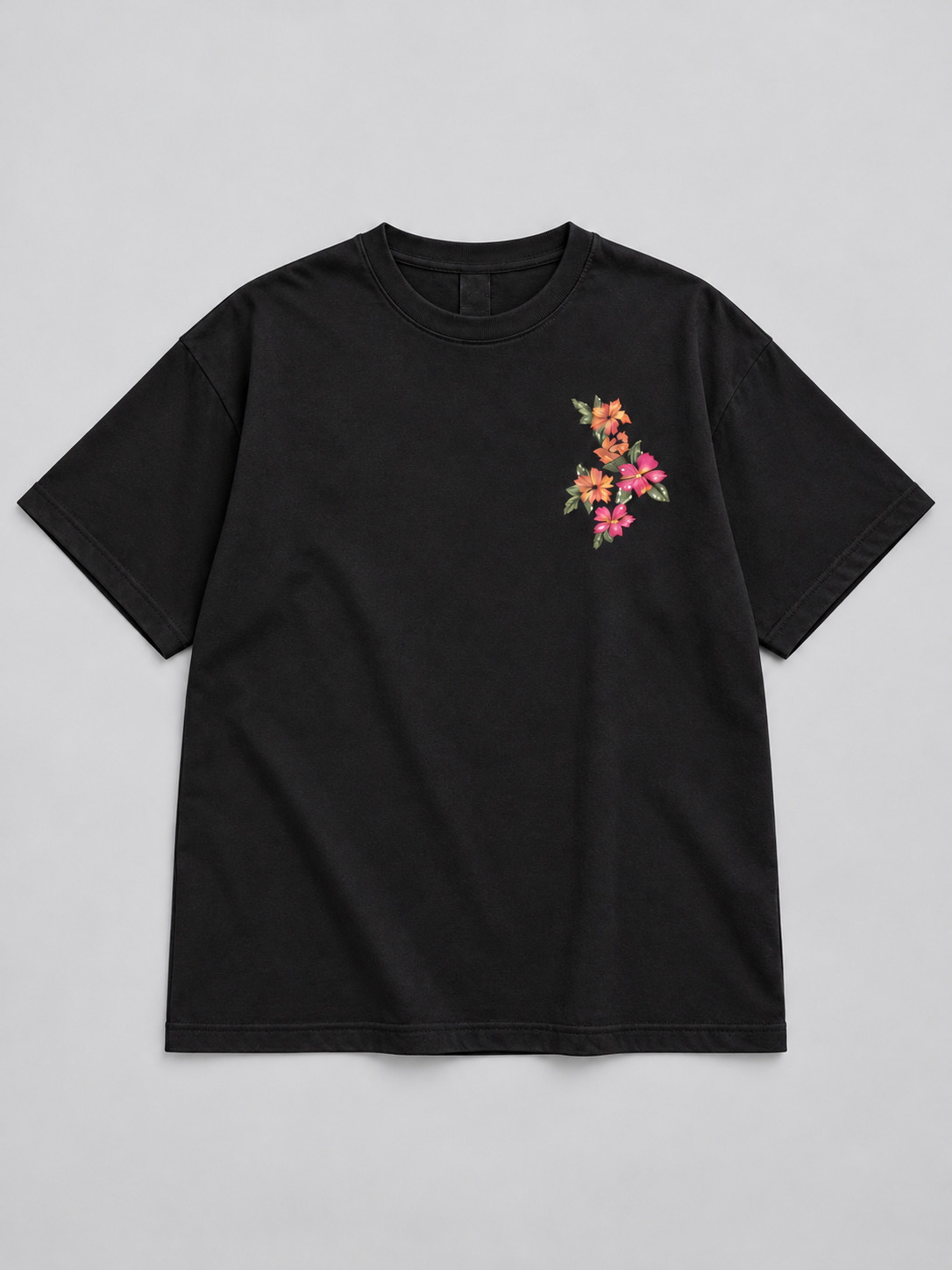 Black Botanical Floral Mini Print Oversized T-Shirt — front flat lay