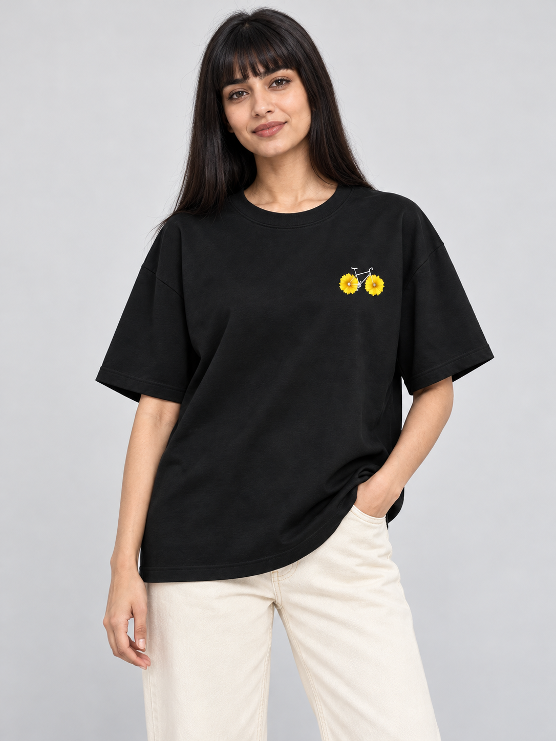 Black Flower Bicycle Mini Print Oversized T-Shirt — model front view