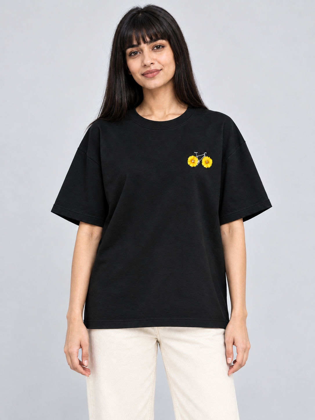 Black Flower Bicycle Mini Print Oversized T-Shirt — straight front view