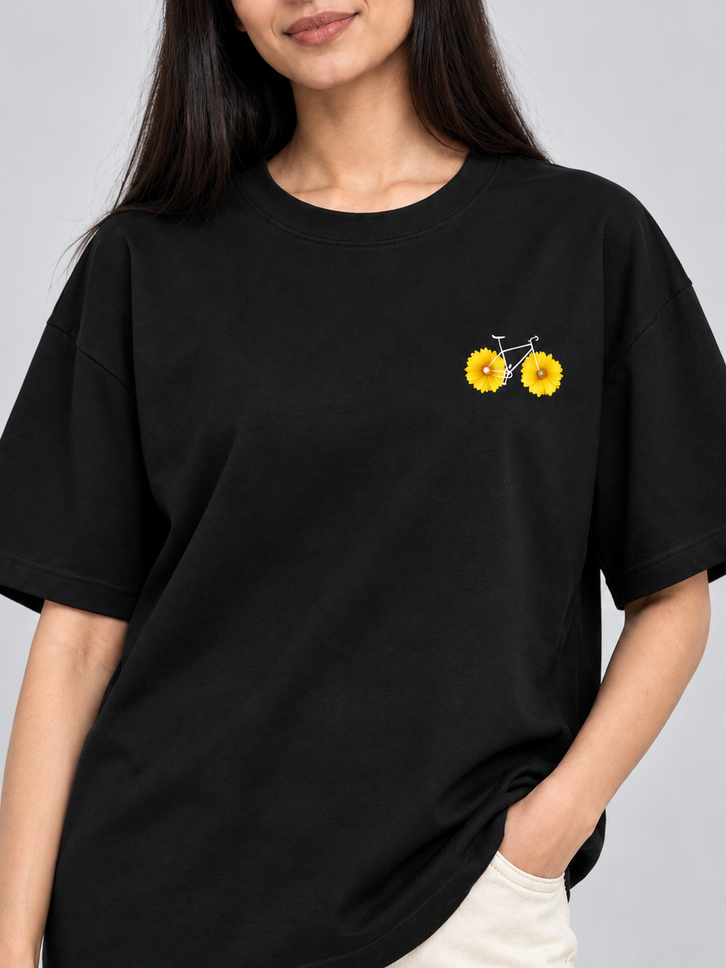 Black Flower Bicycle Mini Print Oversized T-Shirt — print detail