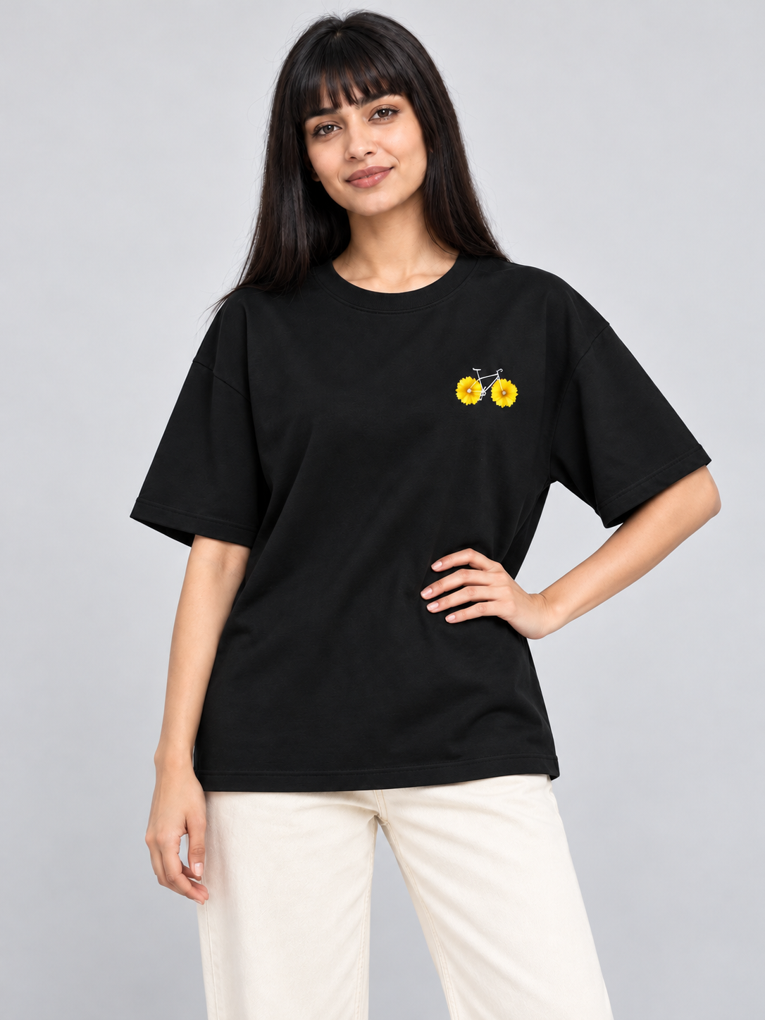 Black Flower Bicycle Mini Print Oversized T-Shirt — relaxed model pose