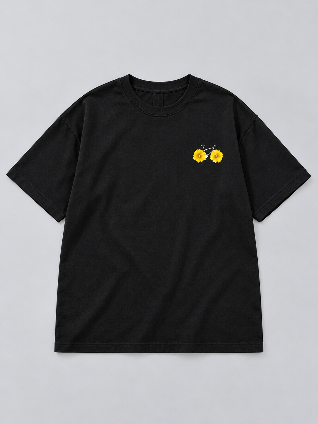 Black Flower Bicycle Mini Print Oversized T-Shirt — front flat lay