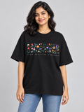 Black Grow Positive Thoughts Floral Printed Oversized T-Shirt — front model view