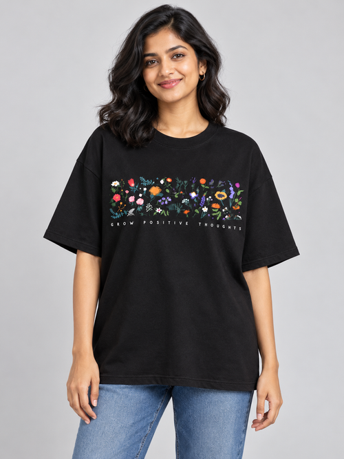 Black Grow Positive Thoughts Floral Printed Oversized T-Shirt — front model view