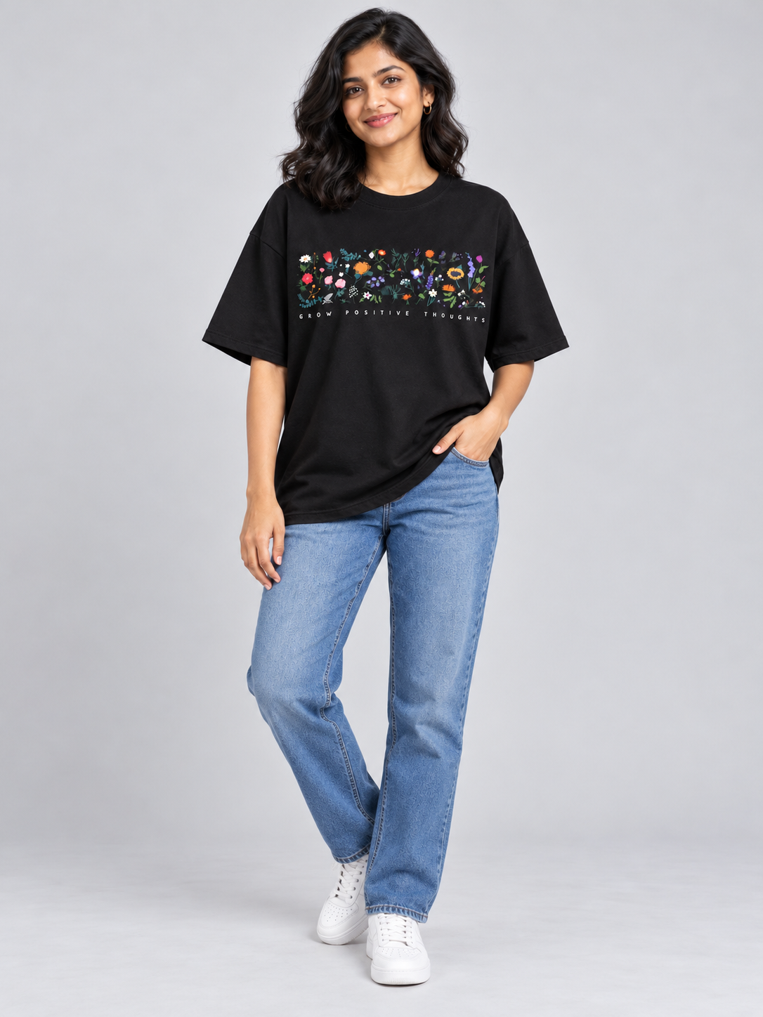 Black Grow Positive Thoughts Floral Printed Oversized T-Shirt — full outfit view