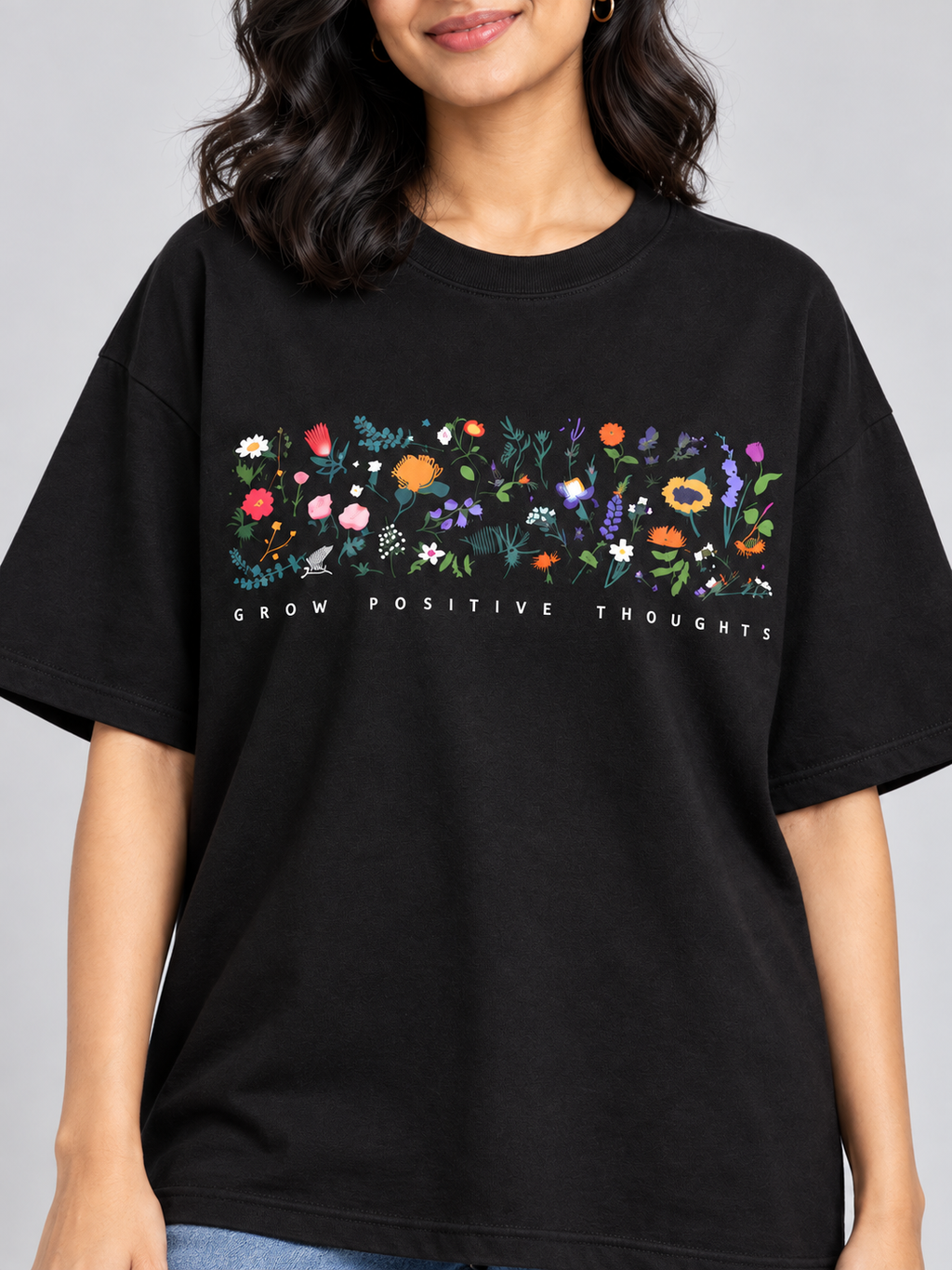 Black Grow Positive Thoughts Floral Printed Oversized T-Shirt — print close-up