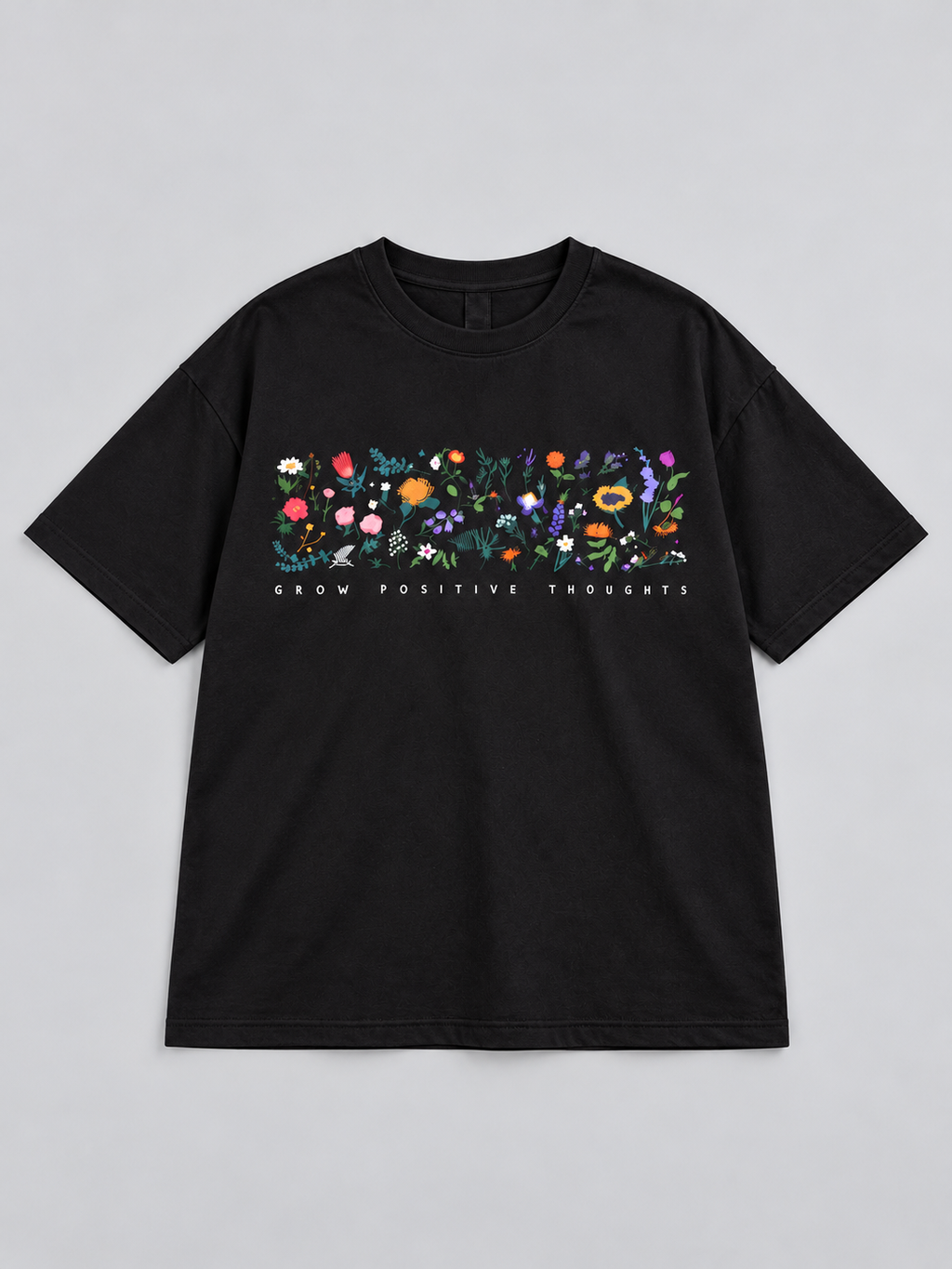 Black Grow Positive Thoughts Floral Printed Oversized T-Shirt — front flat lay