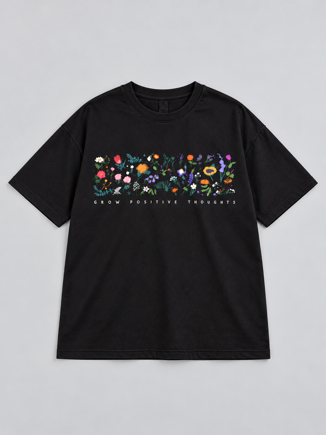 Black Grow Positive Thoughts Floral Printed Oversized T-Shirt — front flat lay