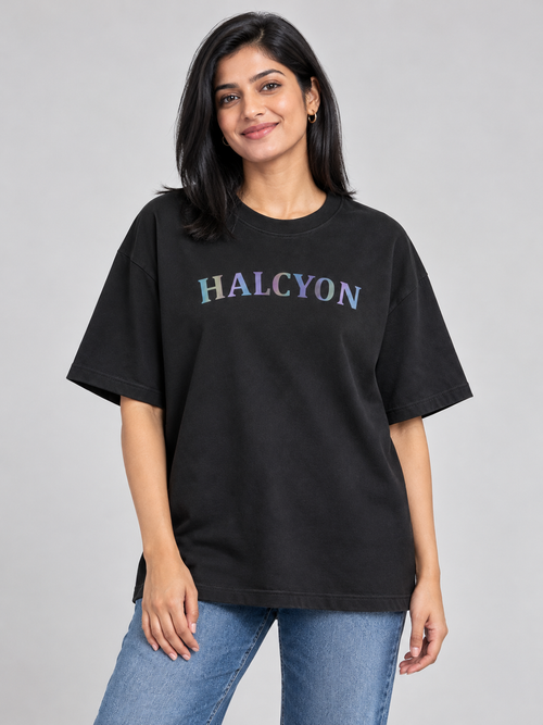 Black Halcyon Printed Oversized T-Shirt — front model view