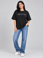 Black Halcyon Printed Oversized T-Shirt — full outfit view