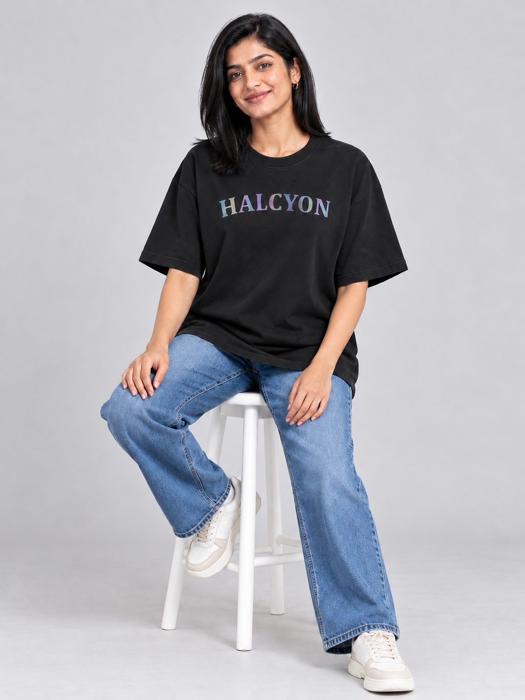 Black Halcyon Printed Oversized T-Shirt — seated model view