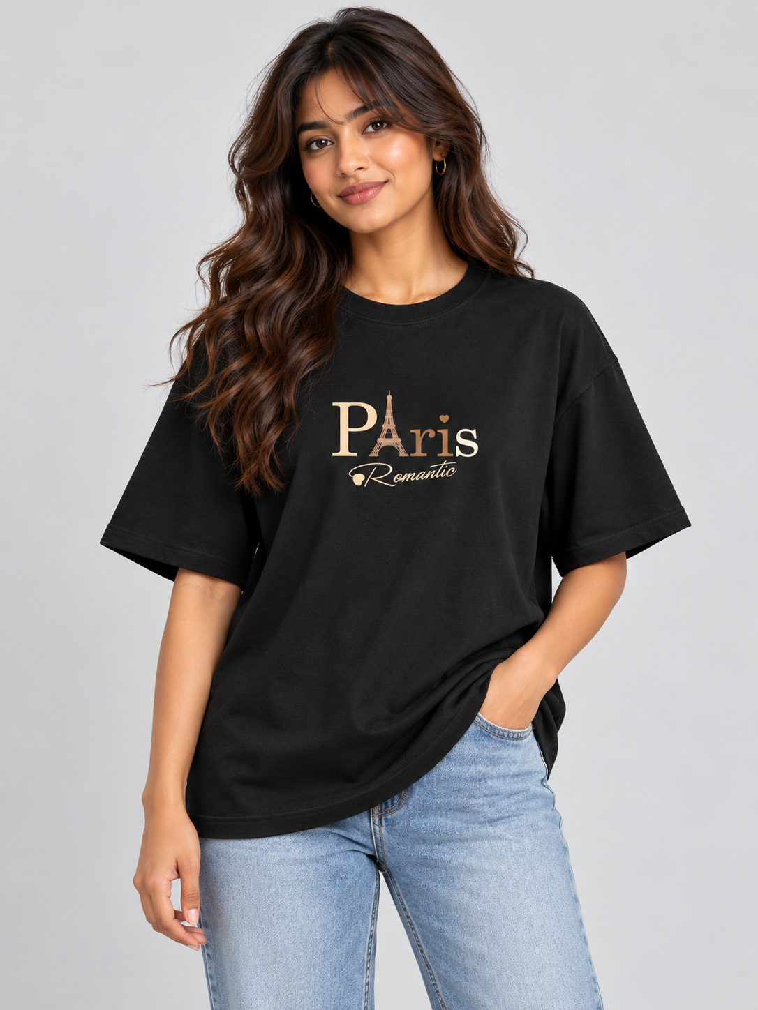 Black Paris Romantic Printed Oversized T-Shirt — model front view