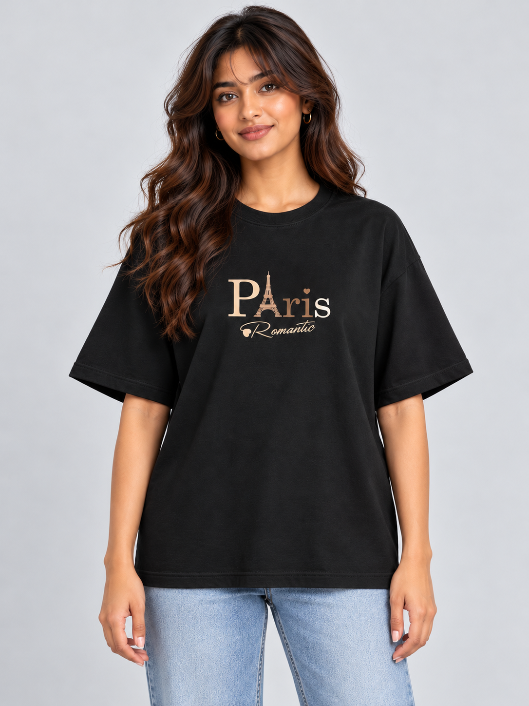 Black Paris Romantic Printed Oversized T-Shirt — straight front view