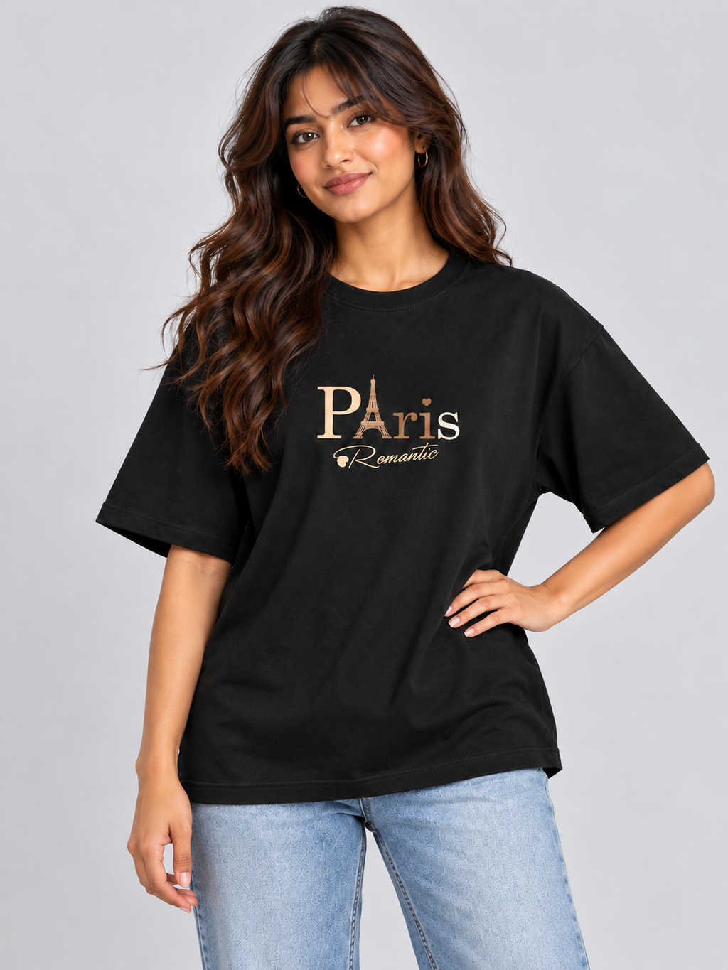 Black Paris Romantic Printed Oversized T-Shirt — relaxed model pose