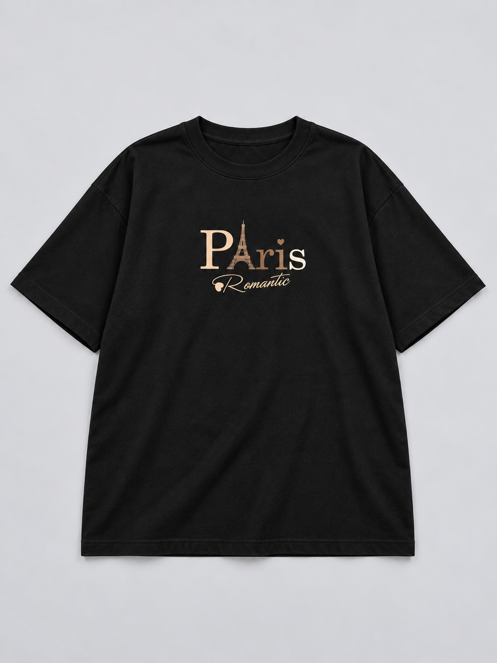 Black Paris Romantic Printed Oversized T-Shirt — front flat lay