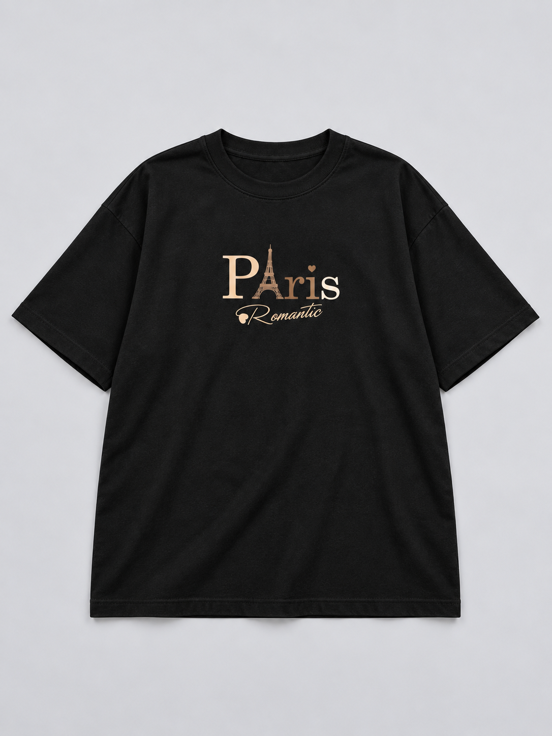 Black Paris Romantic Printed Oversized T-Shirt — front flat lay