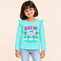 Girls' Aqua Beach Day Flamingo Printed Ruffle Shoulder Full Sleeve Top - front model view